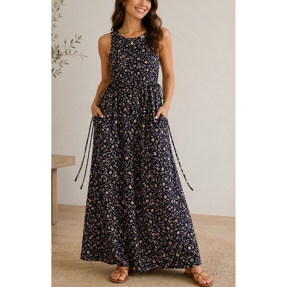 Erika & Co. Dresses & Skirts - Erika & Co Maxi Dress Womens Small Navy Floral  Rayon Side‎ Tie Boho
